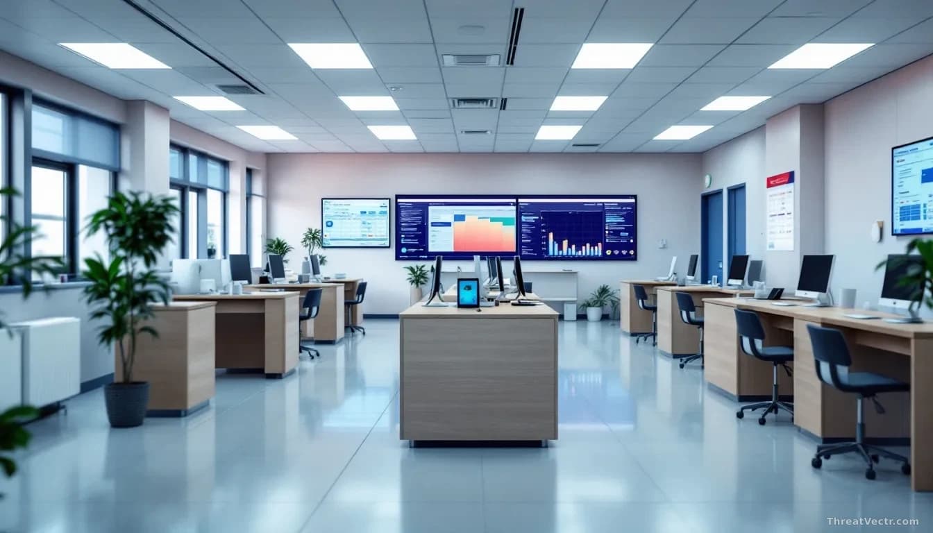 An Australian medical clinic interior with patient records visible at reception desks, computers displaying health information, and calendar or timeline visuali