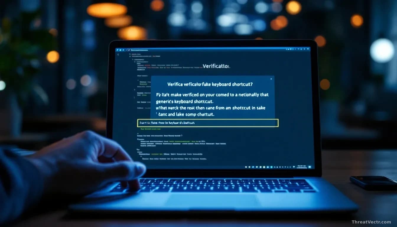 Full-frame 16:9 photoreal editorial shot of a laptop screen in a dim office, showing a generic fake verification prompt with a highlighted keyboard shortcut ins