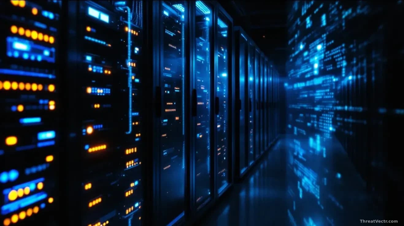 Photoreal editorial image of a dimly lit server room with rows of glowing blue and amber indicator lights on rack-mounted machines, one open cabinet showing exp