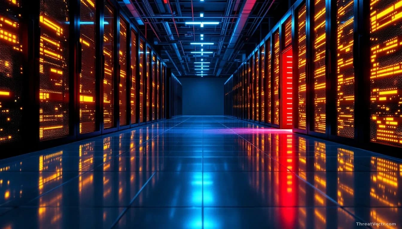 Full-frame photoreal editorial image of a modern enterprise data centre corridor at night, glowing amber server indicator lights reflecting off a polished floor