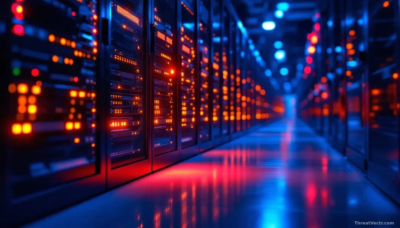 Full-frame edge-to-edge photoreal editorial shot of a dimly lit corporate server room, rows of rack-mounted servers with amber and red status LEDs glowing, one