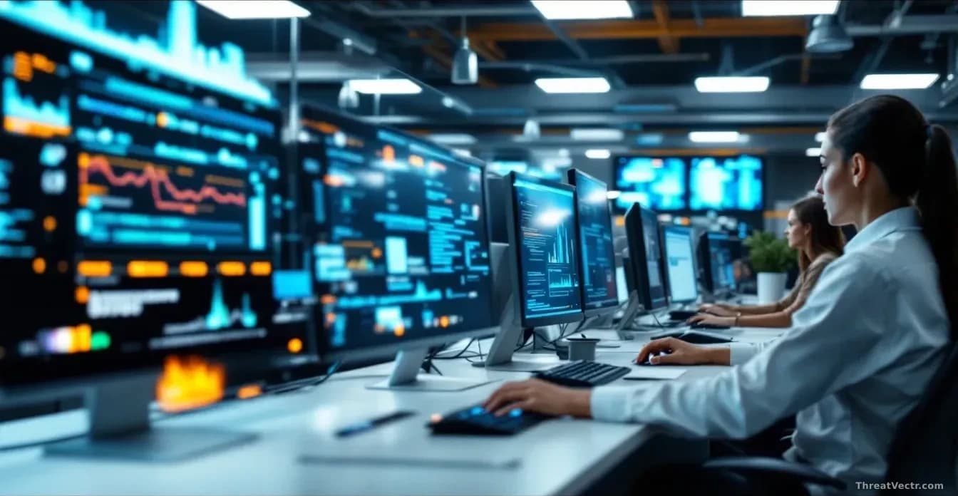 A corporate office environment with multiple computer workstations, server room visible in the background, and visual indicators of data being extracted or tran