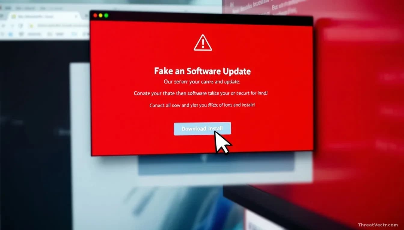A computer screen showing a fake software update or security warning pop-up window overlaying a browser interface, with cursor hovering near a suspicious downlo