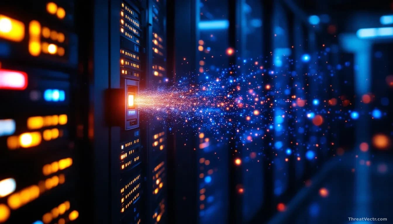 Full-frame photoreal editorial image of a dimly lit server room with rack lights glowing amber and blue, one rack door slightly ajar, faint holographic swarm of