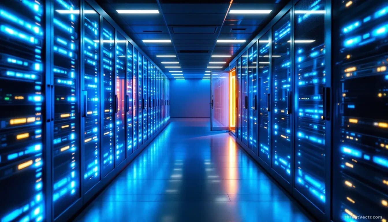 Full-frame edge-to-edge overhead photograph of a large server room aisle at night, cool blue LED indicator lights along both rows of racks, one rack door left s