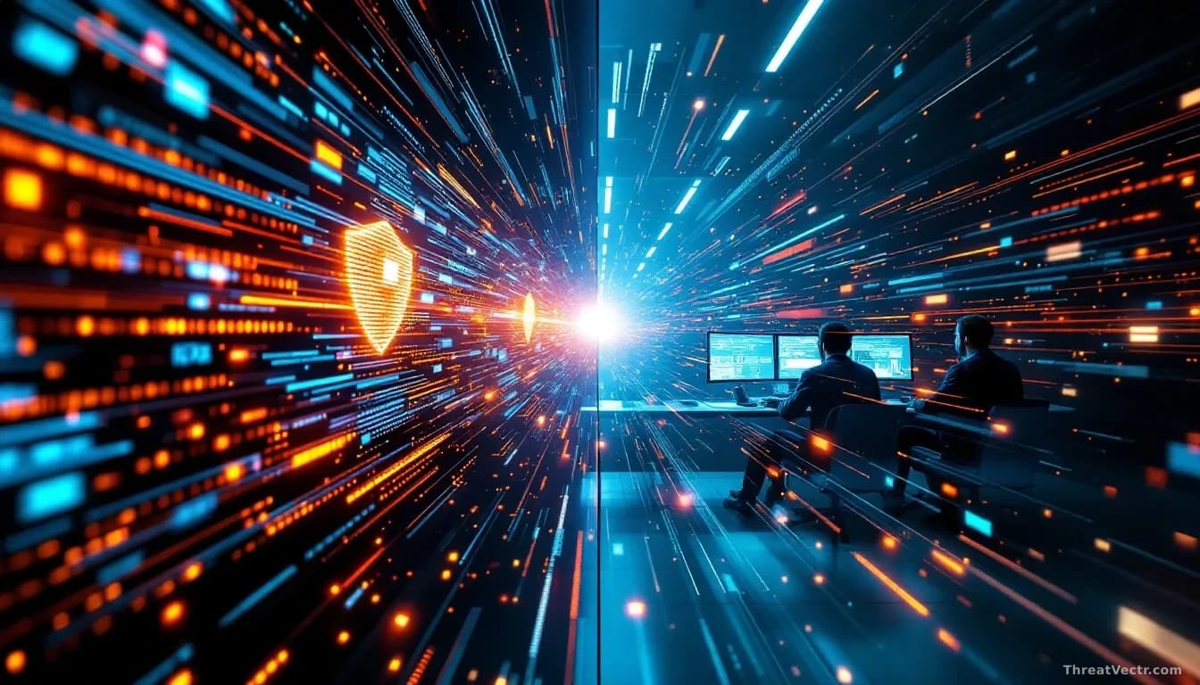 A split-screen visual effect showing rapid AI processing and data streams on one side, and a security team's slower monitoring station on the other, emphasizing