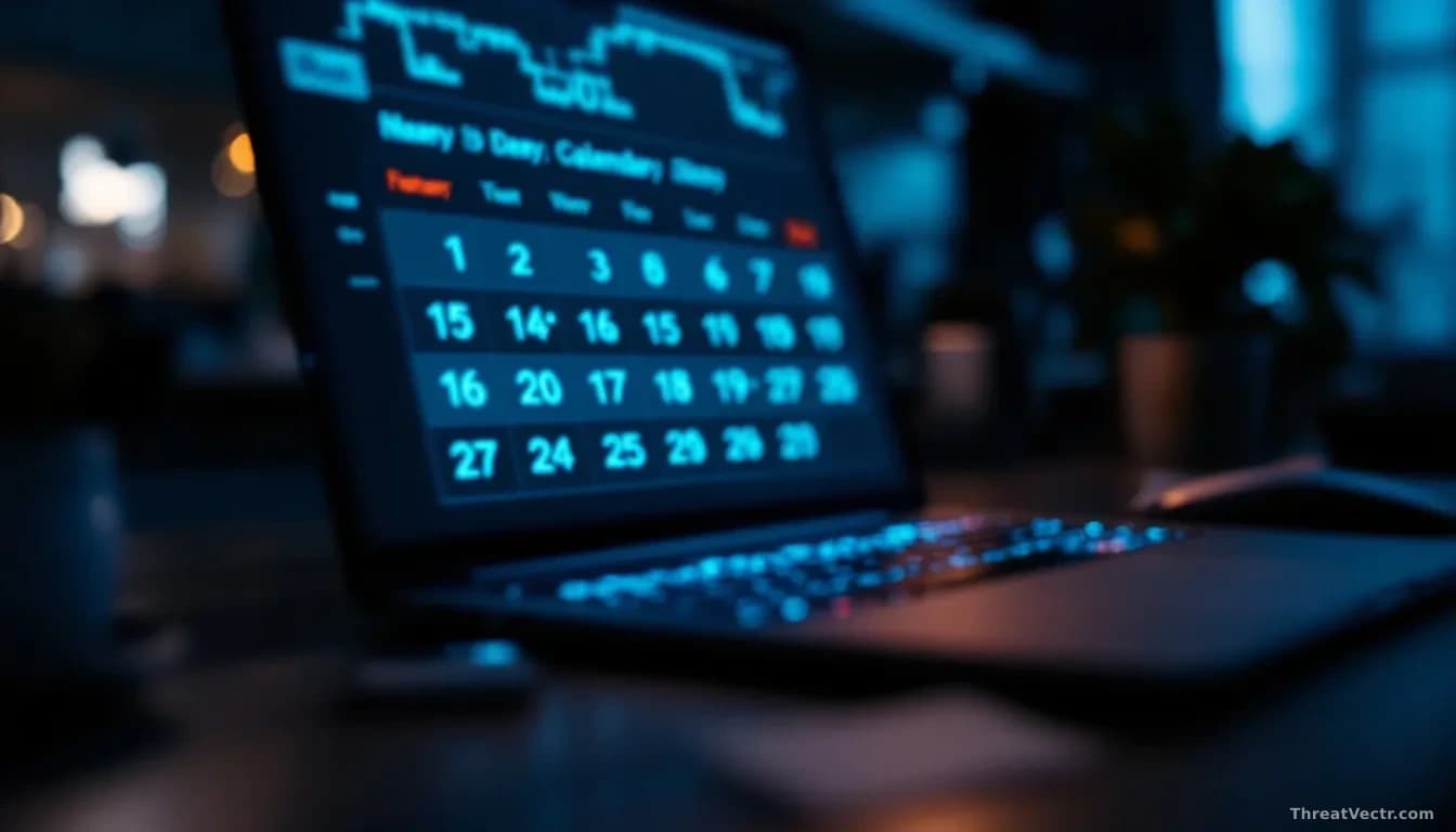 Full-frame photoreal news-editorial image of a dimly lit office desk at night, a laptop screen glowing with a blurred calendar grid showing dates far in the fut