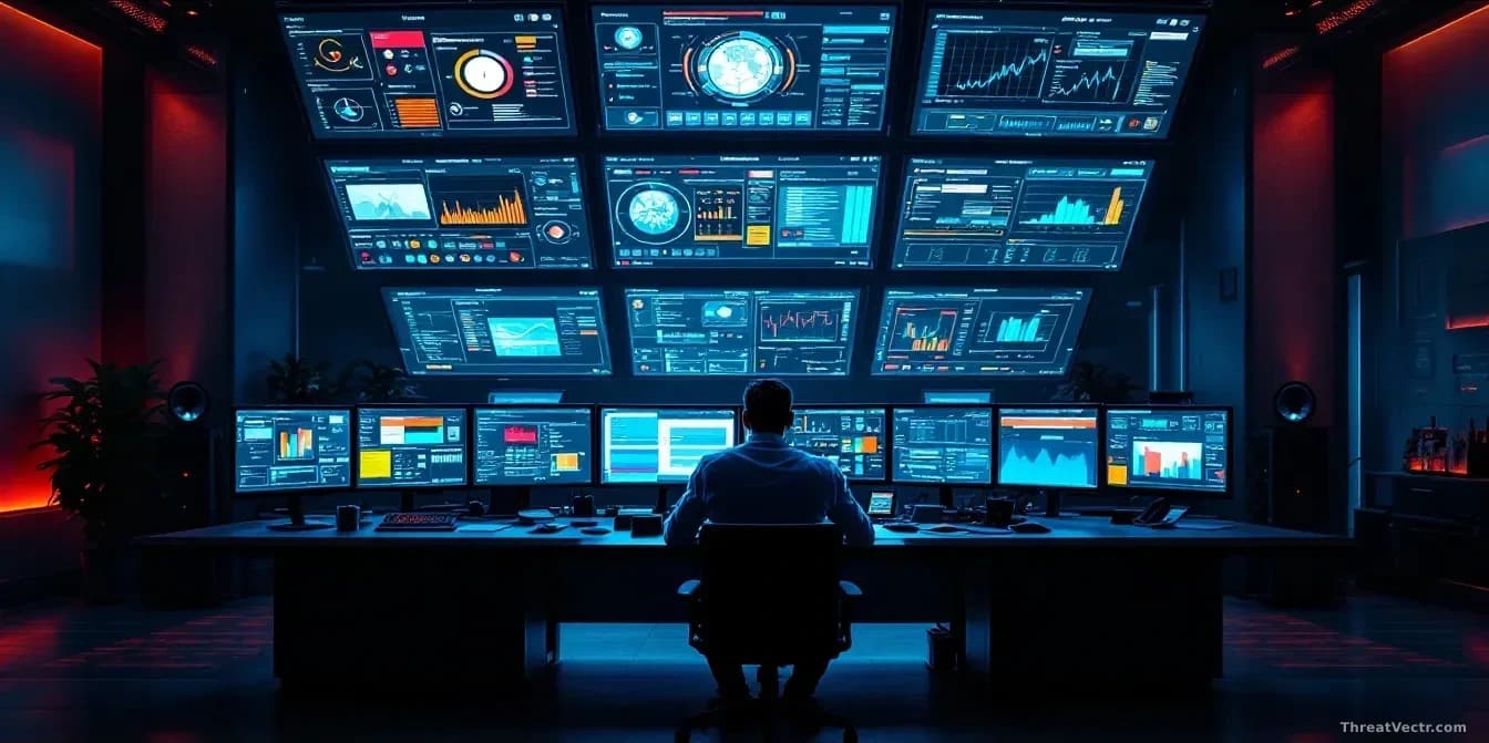 A security operations center at night with multiple monitors displaying alert dashboards and threat data, a lone figure at a desk with head in hand, surrounded