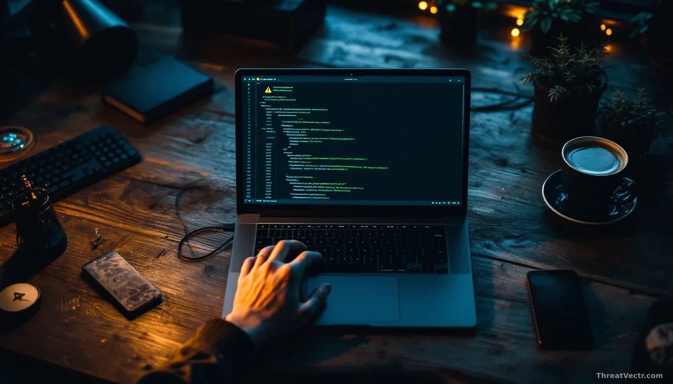 Photoreal news-editorial overhead shot of a developer's dark wooden desk, glowing laptop screen showing an abstract green-on-black code repository interface wit
