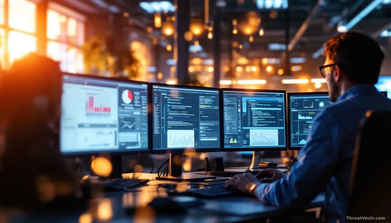 An Ivanti security research facility with engineers reviewing AI-discovered vulnerability findings on multiple displays, showing the moment a perfect-score crit