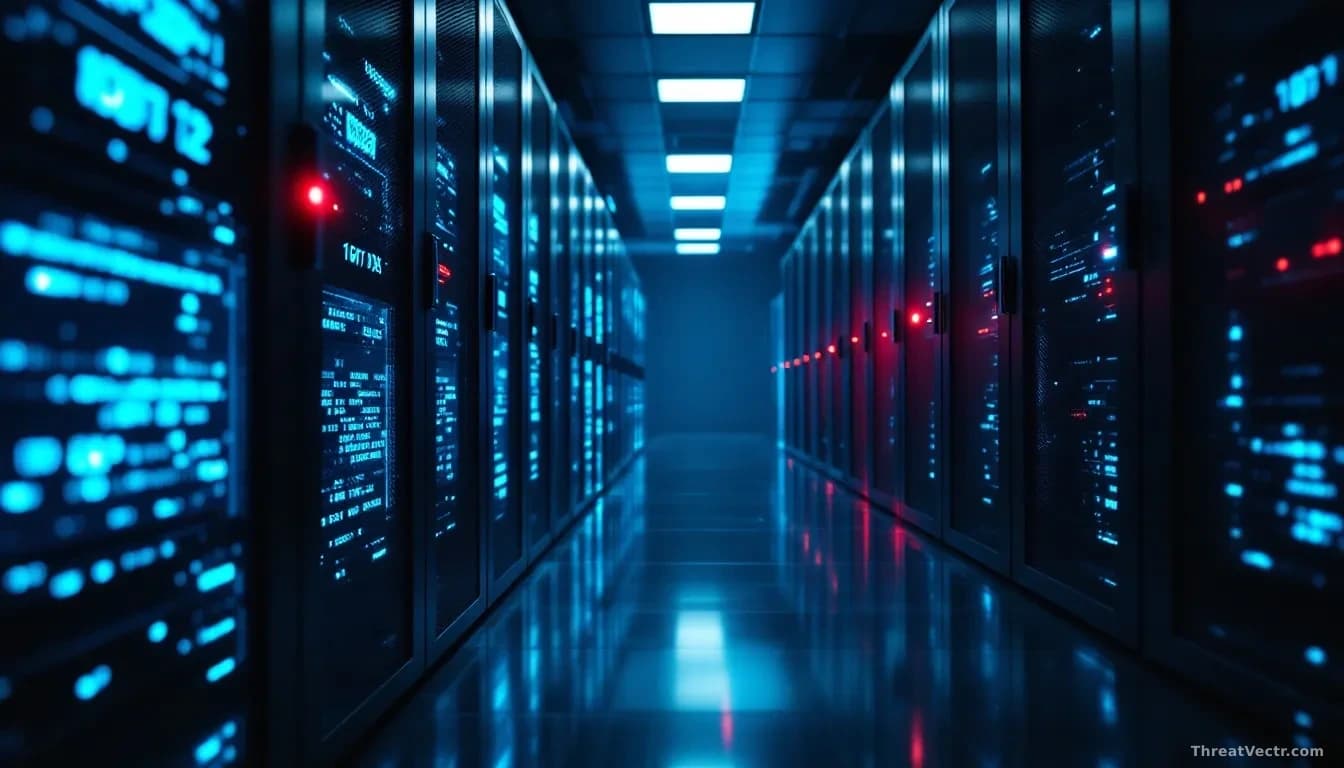 Full-frame photoreal editorial shot of a dim data centre aisle, rack-mounted servers glowing with cool blue status lights, one server showing a red alert LED, f