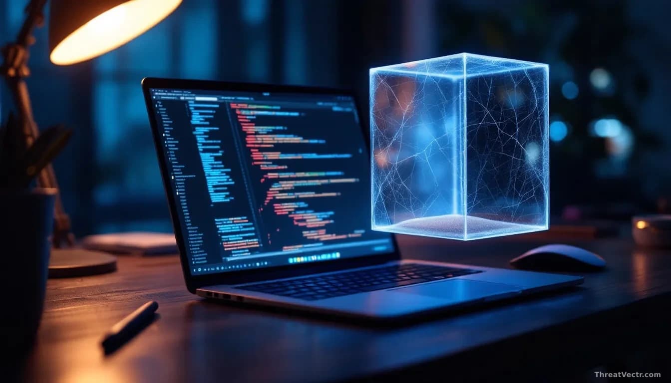 Photoreal editorial shot of a developer's darkened desk at night, a laptop open showing an abstract code editor with a glowing terminal window, a translucent gl