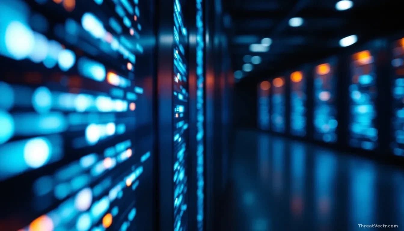 Full-frame photoreal editorial shot of a dimly lit corporate server room with rows of glowing blue and amber rack lights, a slightly out-of-focus enterprise dat