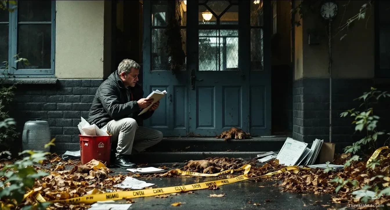 A school entrance with investigators examining the scene where animal remains were discovered, with journalists' research materials and investigation notes visi