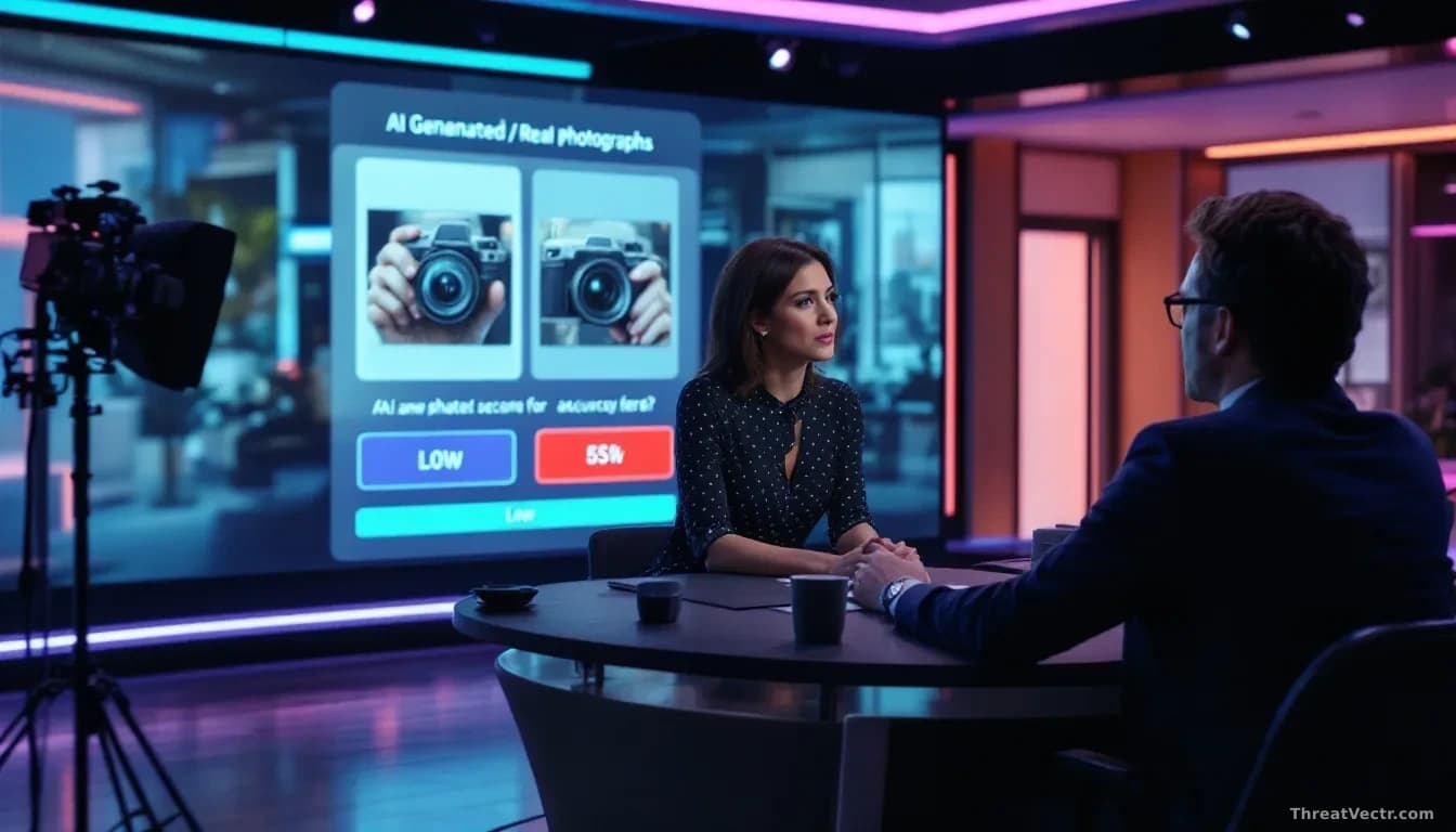 A media studio setting where a journalist sits at a desk with a quiz interface displayed on screen showing AI-generated and real photographs side-by-side, with