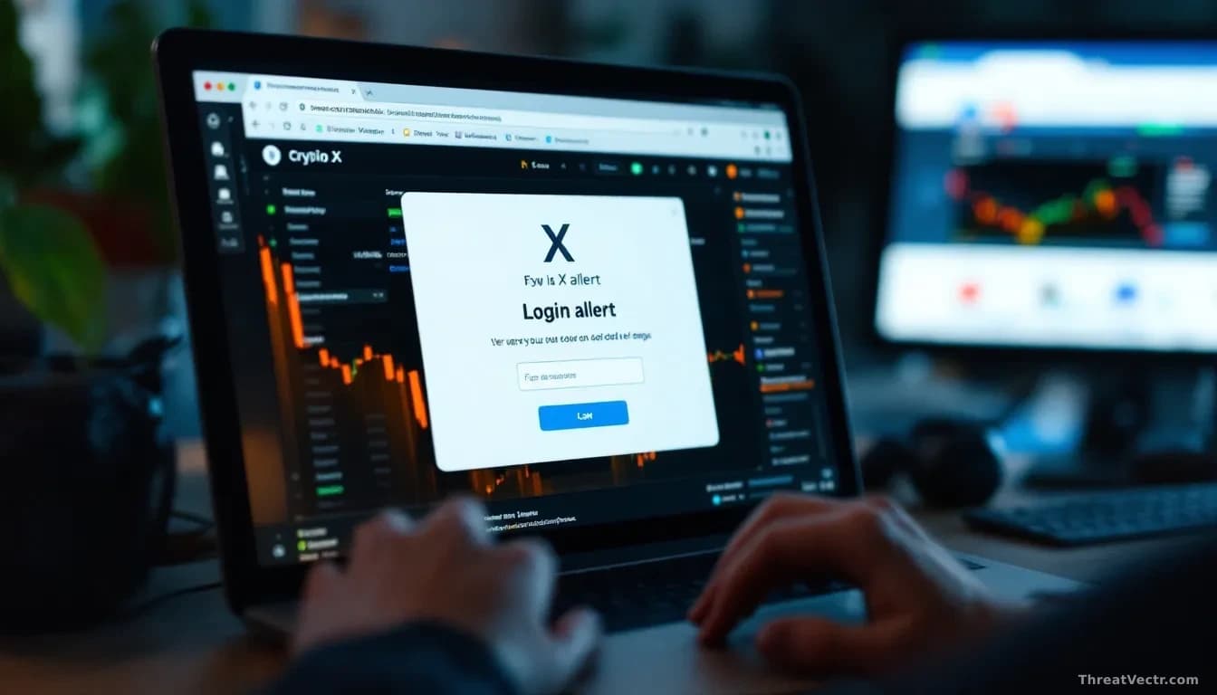 A computer user's inbox view displaying a convincing fake X login alert email among legitimate messages, with the email header and urgent language designed to t