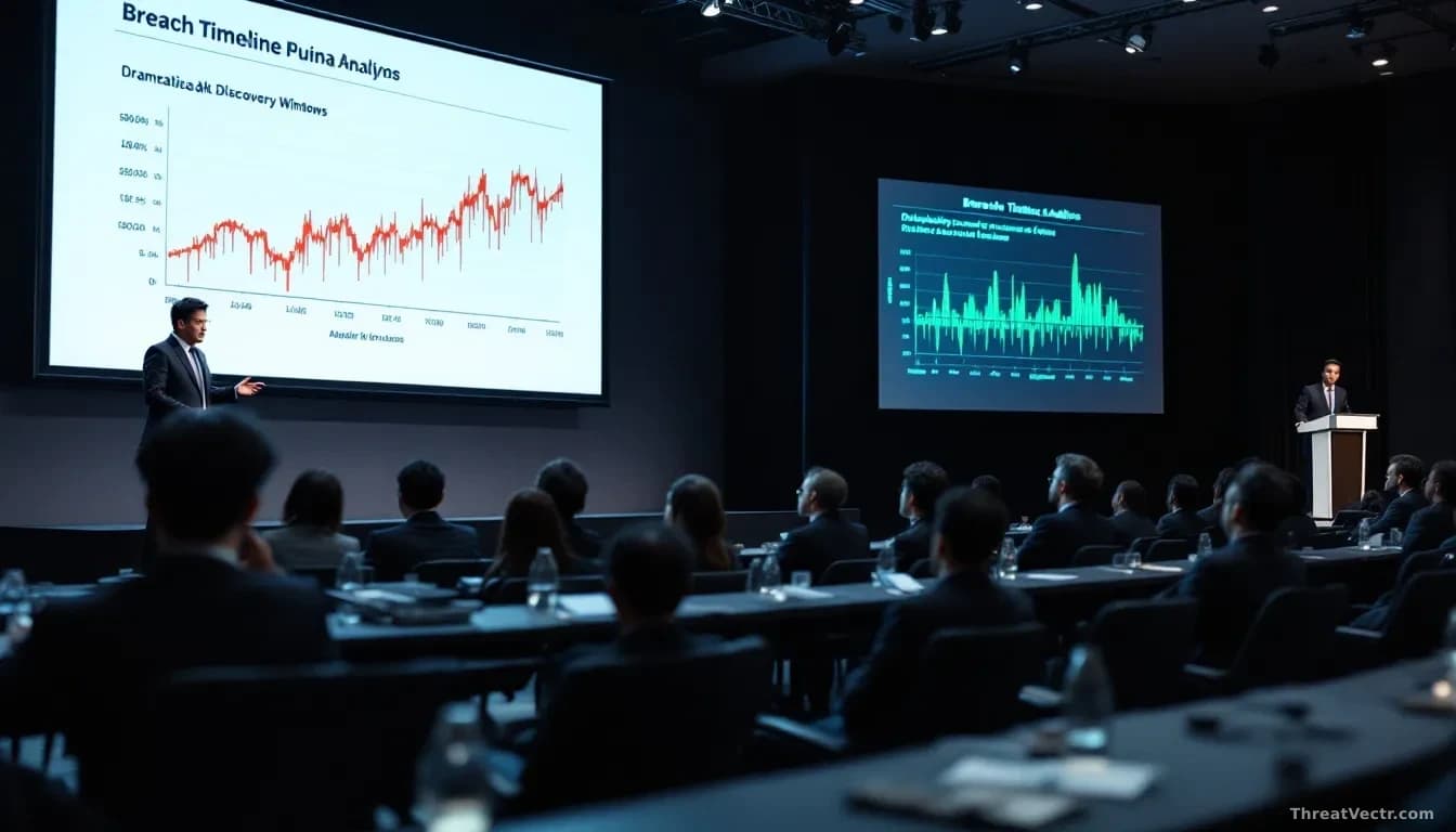 A government security forum presentation stage with a South Korean cybersecurity executive addressing an audience of corporate security leaders, displaying brea