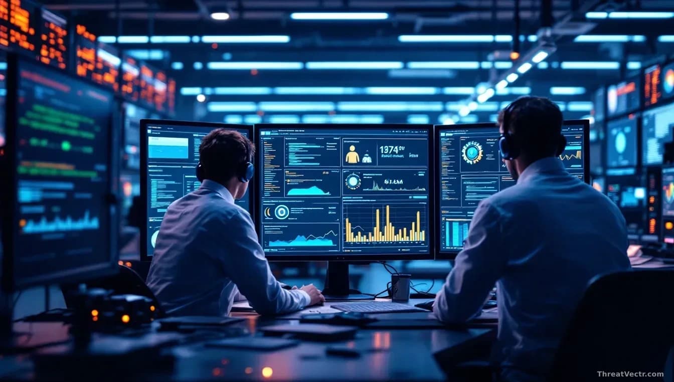 A cybersecurity laboratory with researchers monitoring automated AI-driven attack attempts against systems protected with context bomb decoys, showing attack th