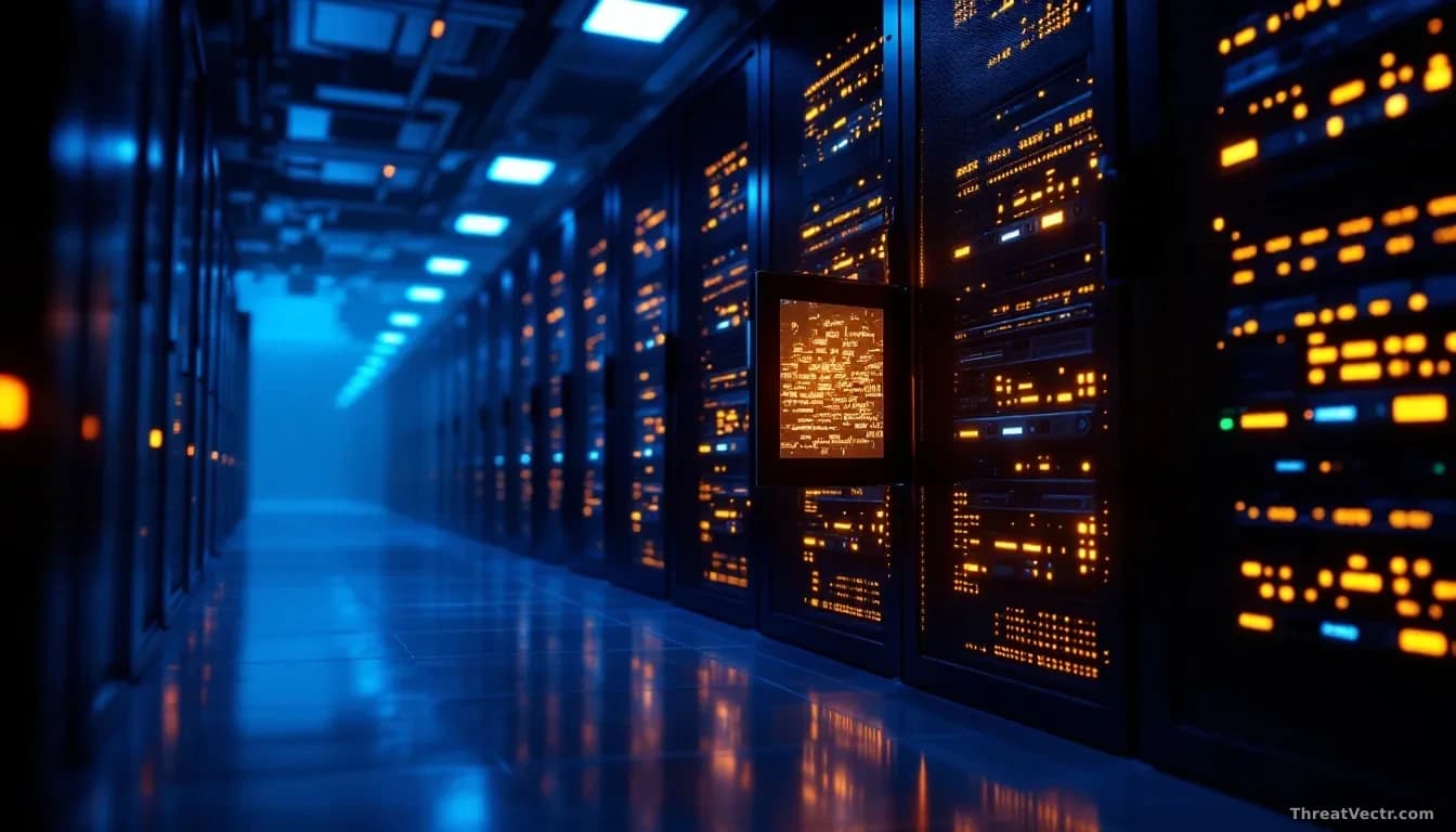 Photoreal editorial photograph of a dim server room with racks of GPU servers glowing faint amber, one rack door slightly ajar showing scrambled data patterns p