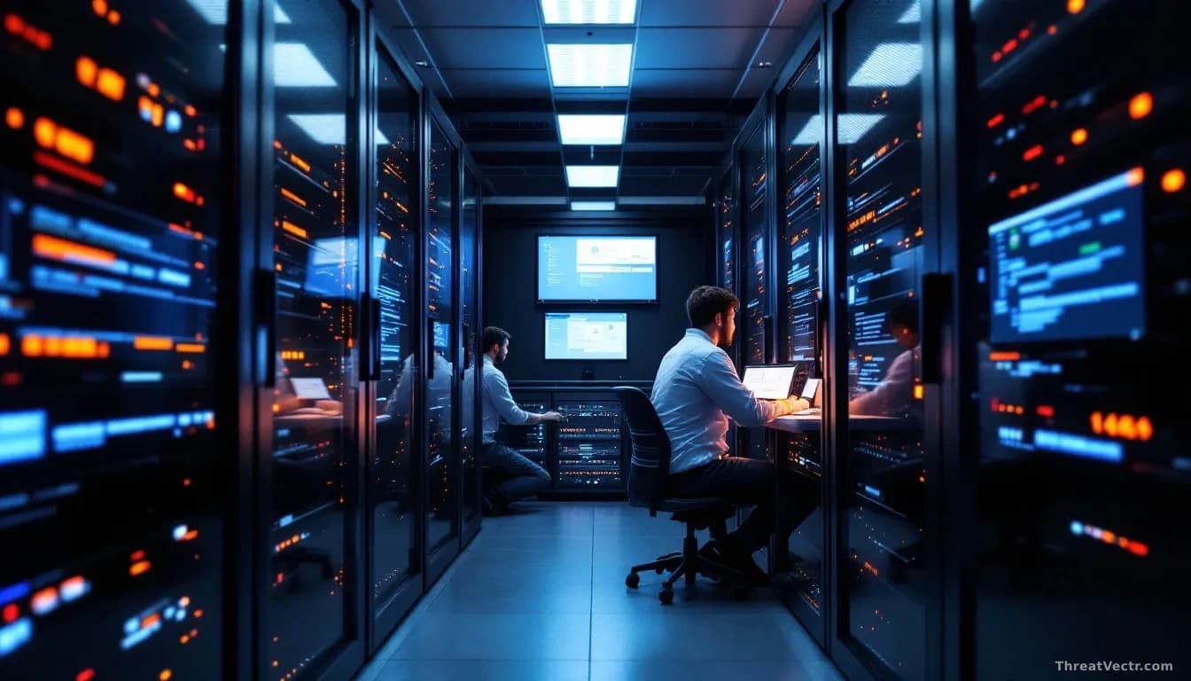 A business email server room with technicians performing emergency maintenance and applying patches, with Zimbra interface screens visible displaying the comman