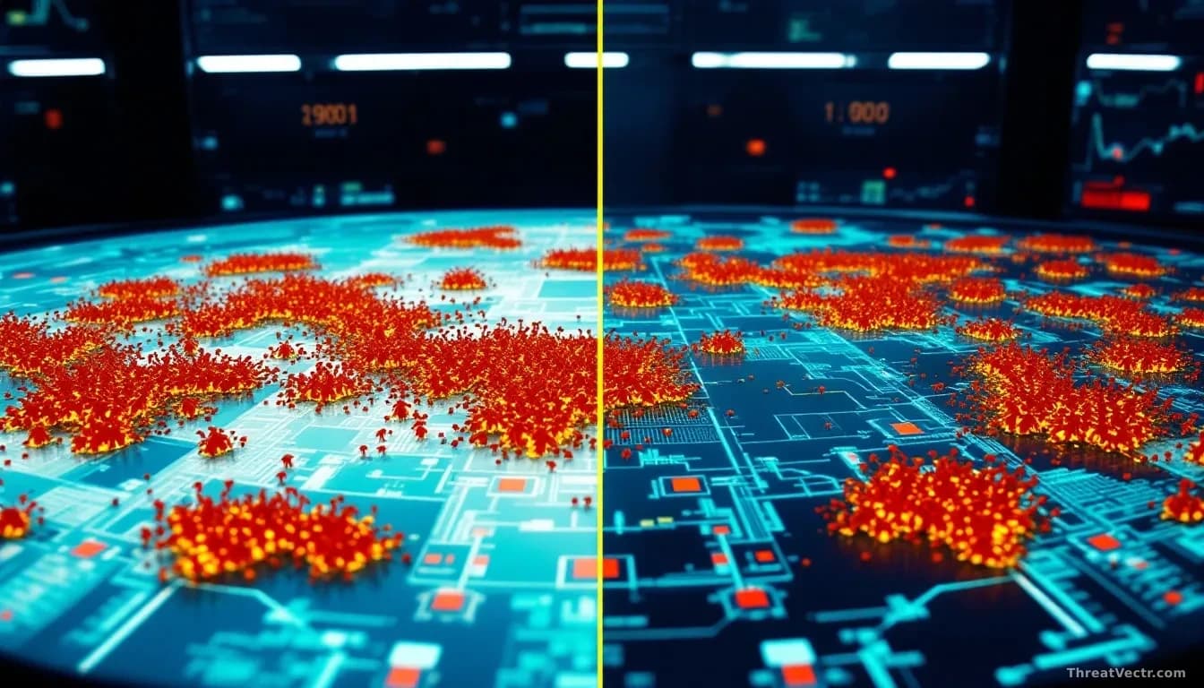 A split-screen comparison: a 2001 internet operations center with Code Red worm activity spreading across network diagrams, paired with a modern AI deployment d