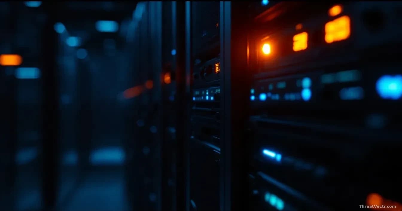 Full-frame photoreal editorial shot of a darkened server room with a single glowing amber warning light reflected on rows of rack-mounted hardware, faint blue s