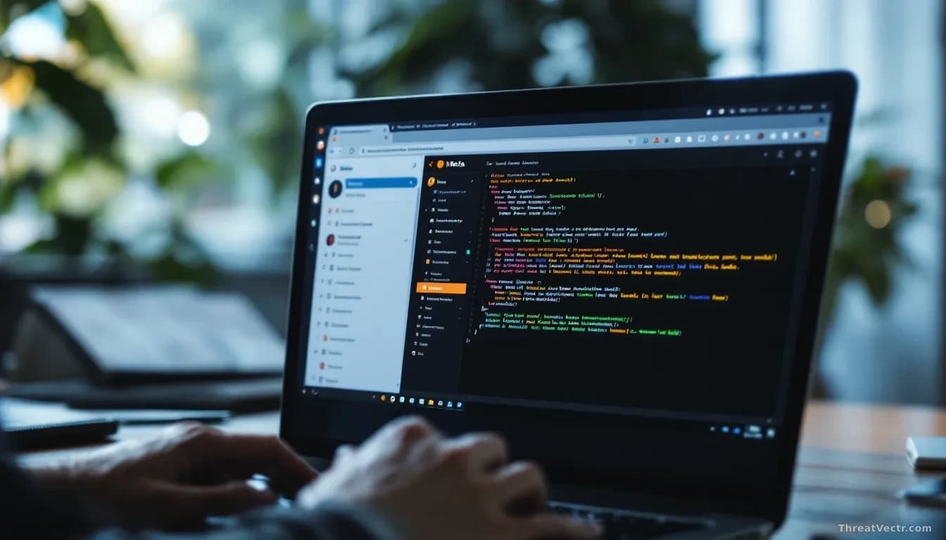 A security researcher's workspace showing the moment of discovery: a laptop screen displaying Meta's internal support system with exposed user chat records and