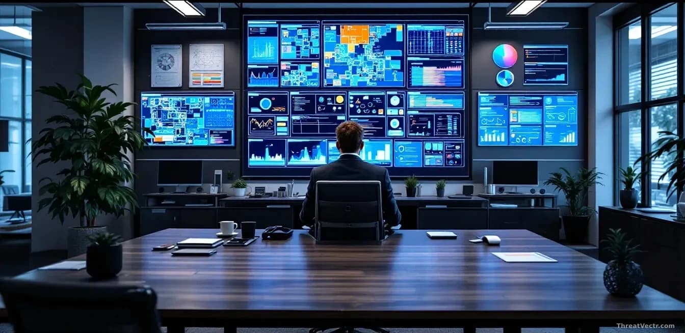 A German manufacturing company's executive security office, with the CISO at a desk surrounded by manufacturing floor schematics, operational dashboards, and cy