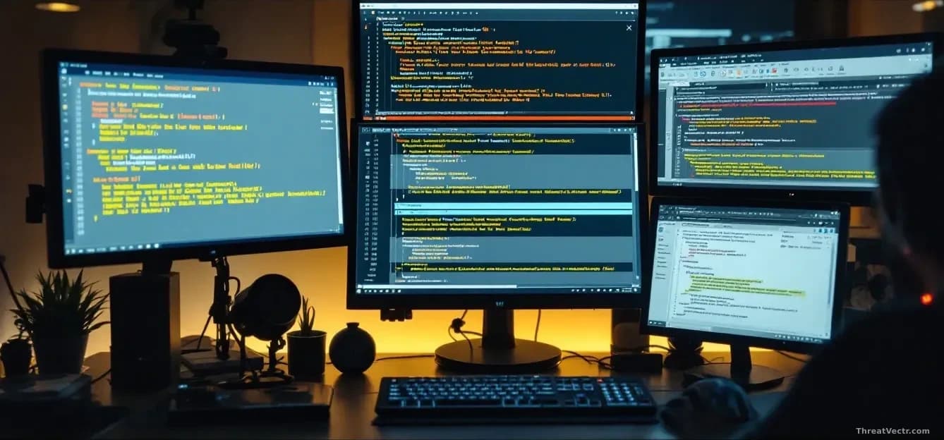 A cybercriminal's workspace with multiple monitors displaying calendar applications and email clients, showing how calendar entries contain encoded command inst