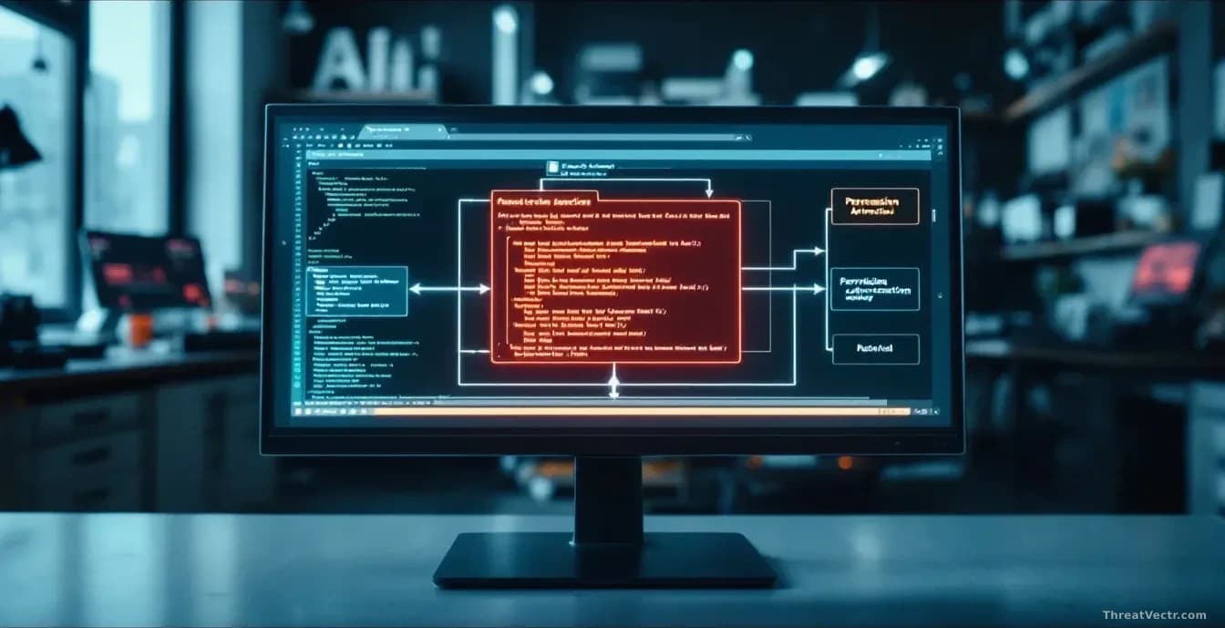 A security research lab demonstrating a sandboxed AI coding agent environment, with file transfer operations visible on screen and permission architecture diagr