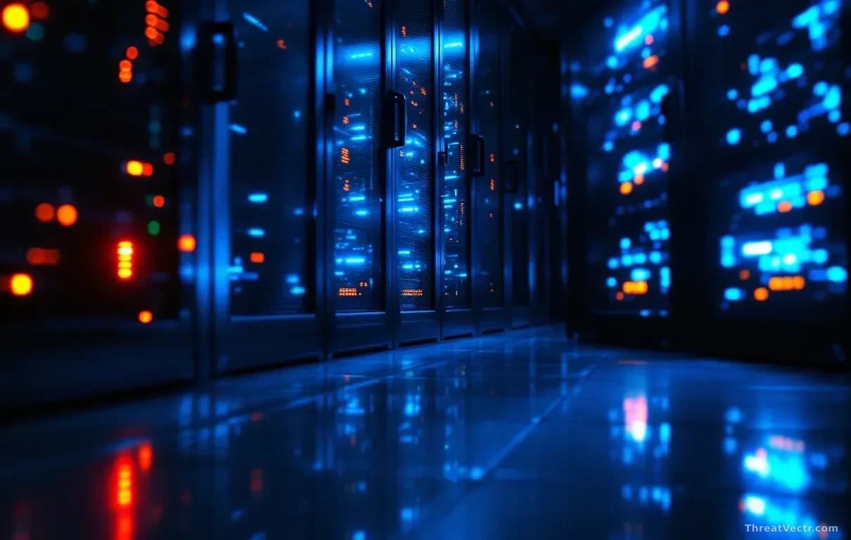 Full-frame edge-to-edge photoreal news-editorial image of a dimly lit server room with a single rack door open, blue and amber status lights reflecting off poli