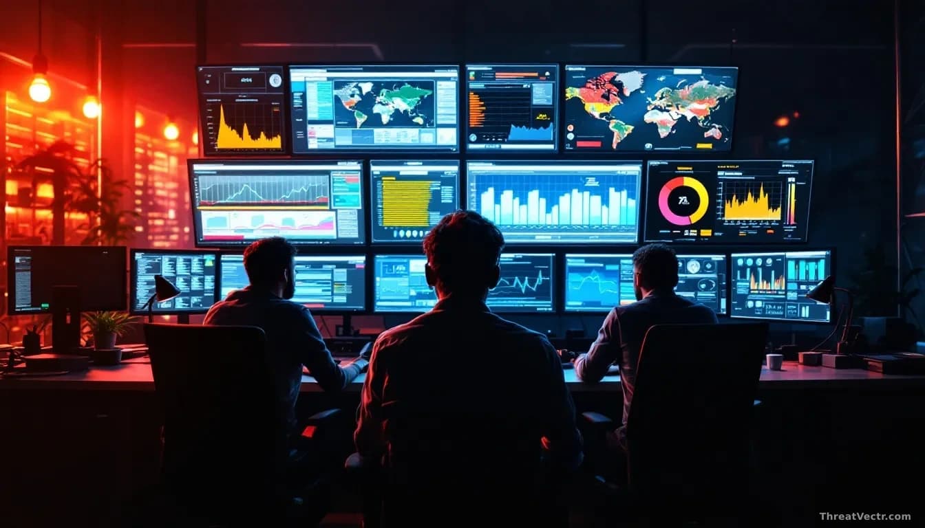 A Chicago-based cybersecurity operations center with analysts monitoring AI-driven threat prediction dashboards, showing vulnerability exploitability scores and