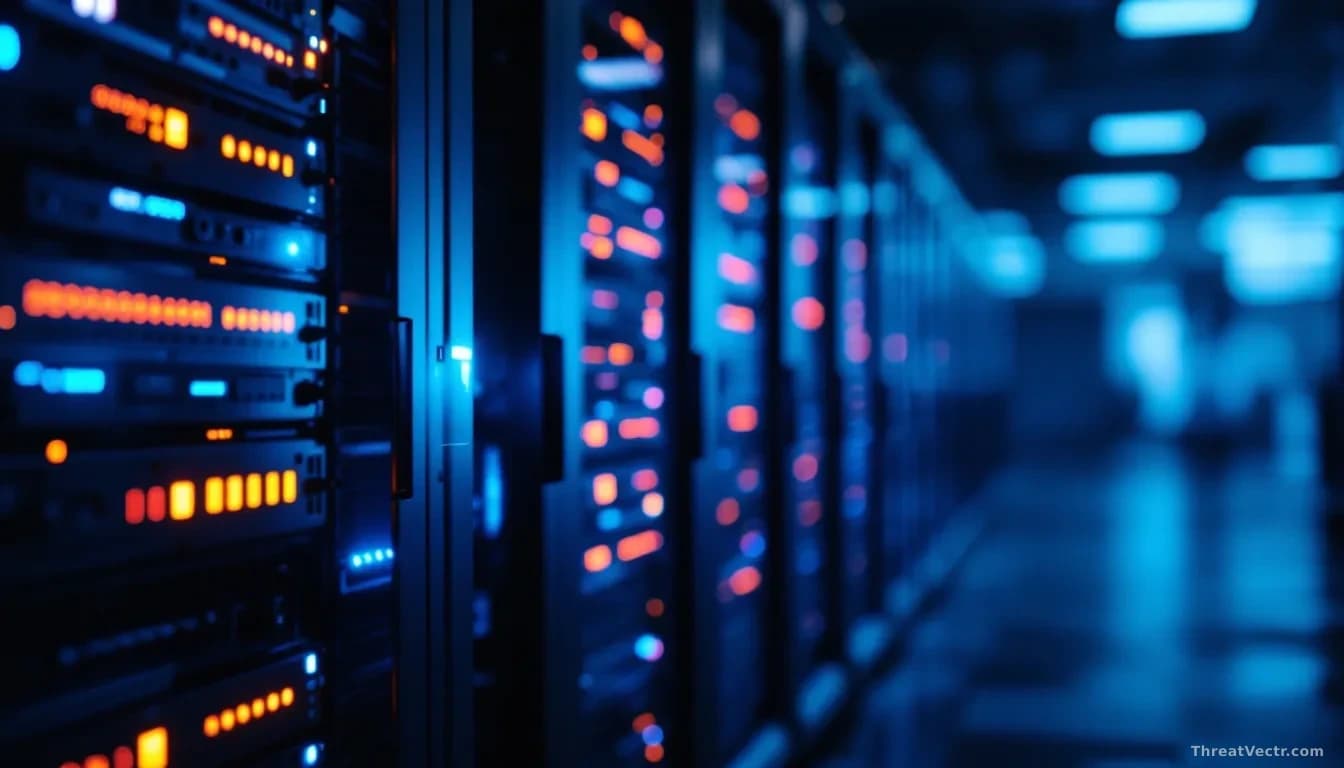 Photoreal editorial shot of a dimly lit corporate server room, rows of rack-mounted servers glowing with amber and blue status lights, one rack door slightly aj
