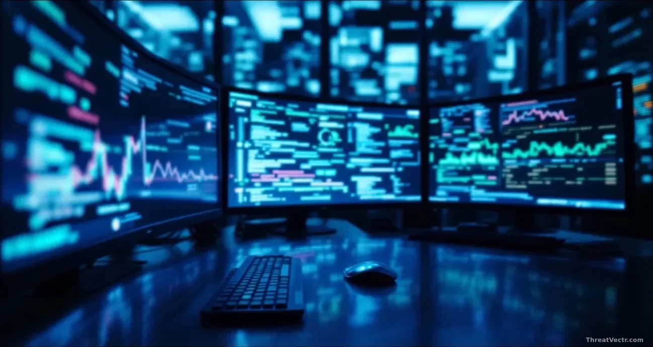 Photoreal editorial shot of a darkened security operations room, glowing monitors filling the frame edge to edge, screens showing abstract lines of code and net