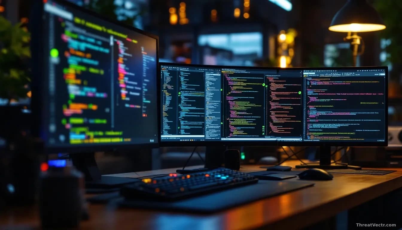 A software development workspace with code repositories open on screens, green check marks appearing next to code sections as a scanning tool identifies and iso