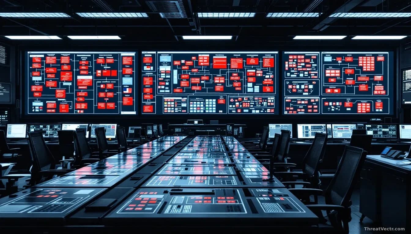 A defense contractor's operations center with multiple computer workstations displaying interconnected software architecture diagrams and supply chain flowchart