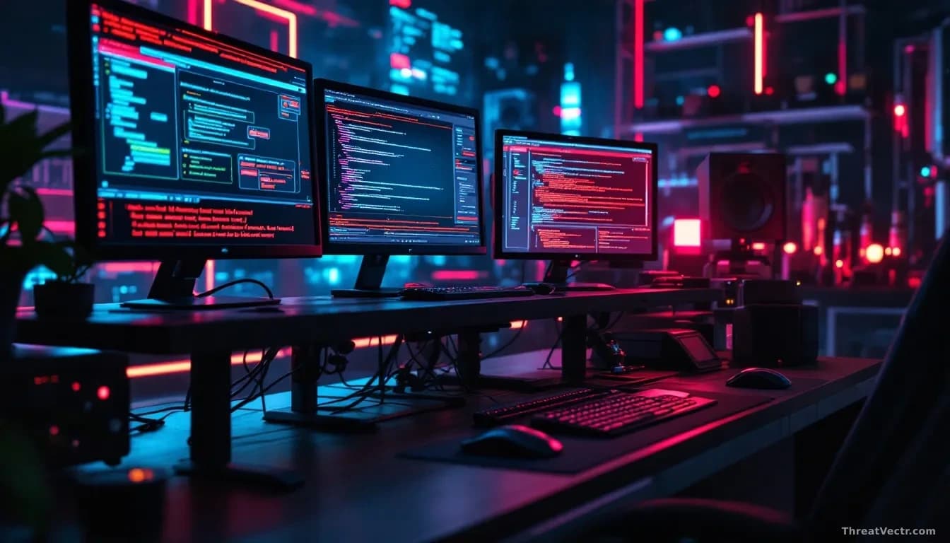 A hacker's workstation setup with multiple monitors displaying AI chatbot interfaces with safety guardrails being bypassed, custom exploitation scripts being de
