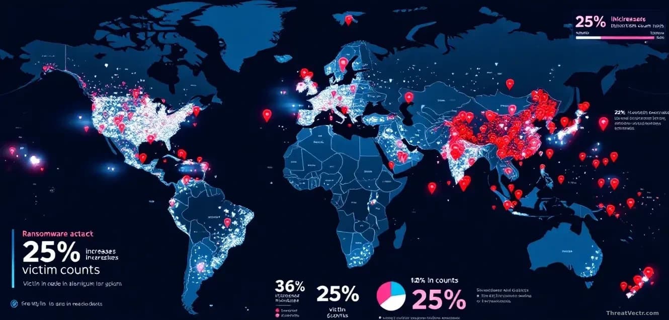 A global map visualization showing ransomware attack incident markers distributed across continents, with statistics and growth indicators displayed showing the