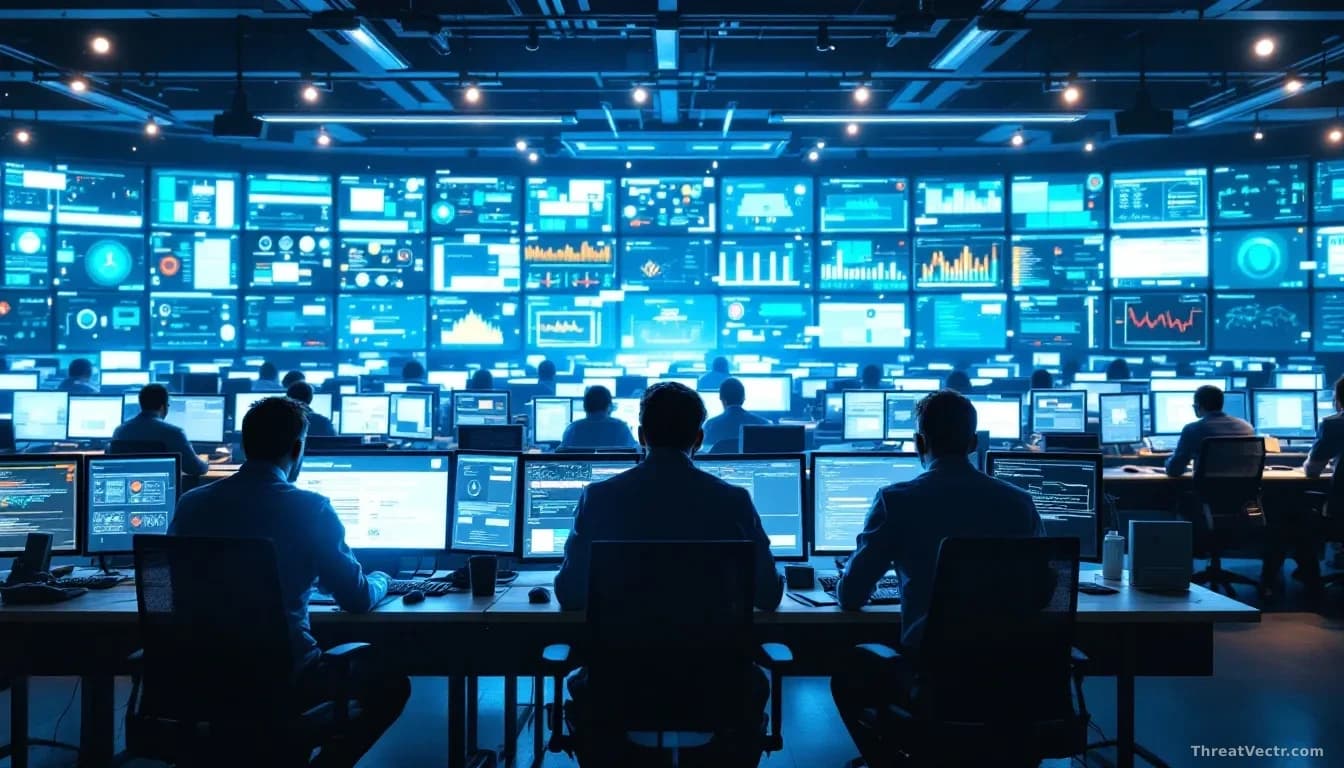 A security operations center with analysts at workstations overwhelmed by hundreds of alert notifications flooding across multiple screens, with false positive