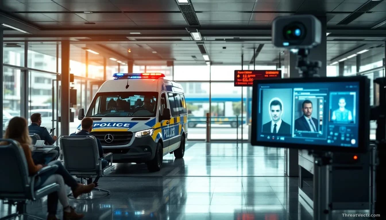 A Perth bus station interior with a police vehicle visible through windows and facial recognition camera mounted on vehicle, showing real-time face analysis dat