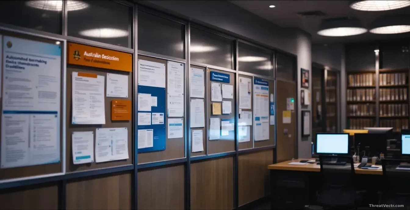 An Australian government building interior with policy documents and automated decision-making framework guidelines displayed on official notice boards and comp