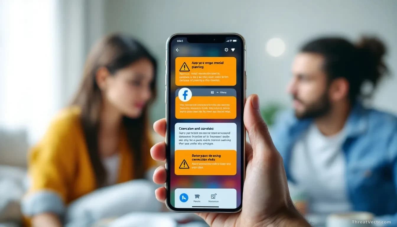 A smartphone screen showing social media and gaming platform interfaces with warning overlays about coercion risks, alongside concerned parent figures in soft f