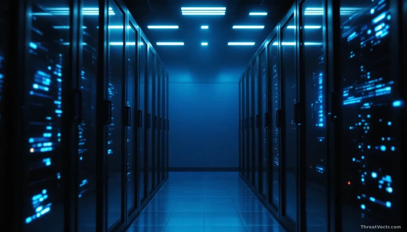 A dimly lit server room with rows of blue-lit racks, one open cabinet showing exposed cabling, faint reflections of code on a glass partition, moody editorial p
