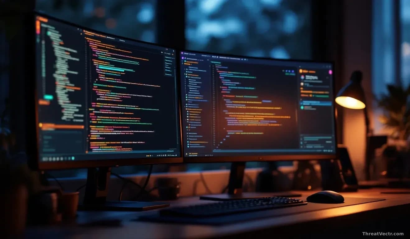 Photoreal editorial shot of a developer's dual-monitor desk at dusk, one screen showing a generic code review interface with a highlighted pull request panel, f