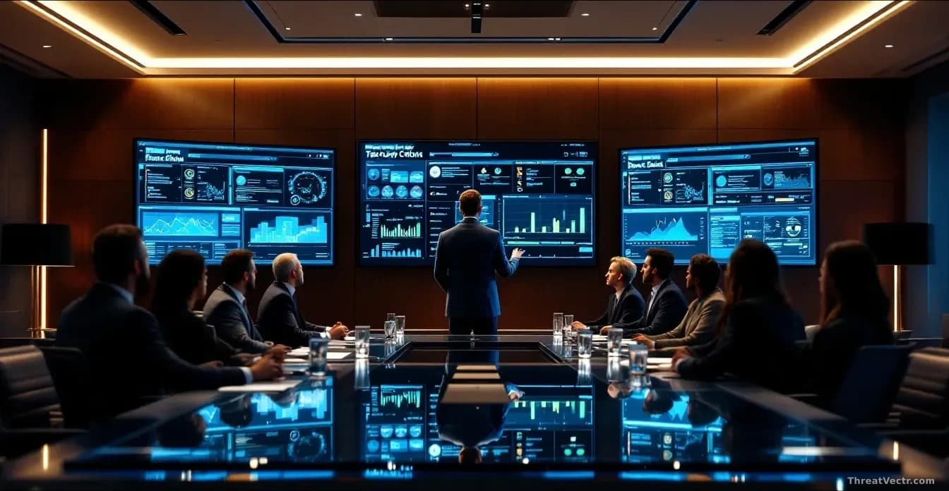 An executive boardroom with a chief security officer standing at a conference table facing seated C-suite executives during a security briefing presentation, wi