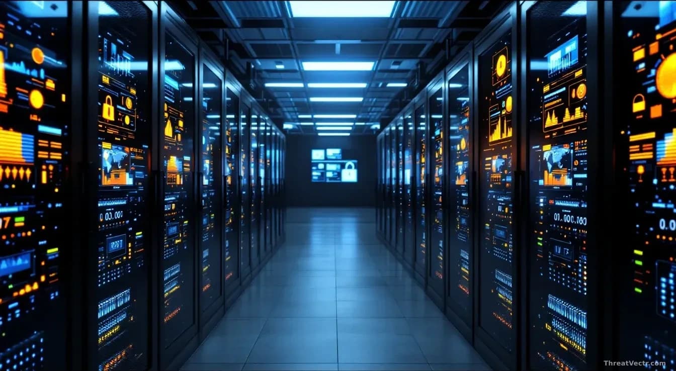A server room with multiple racks of enterprise computing systems and patch management dashboards illuminated on screens, showing the scale of a massive securit