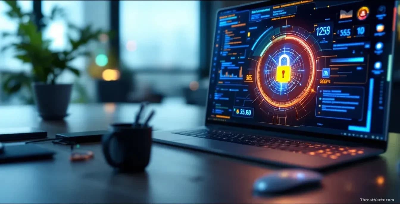A desktop computer workspace with an AI-powered security interface overlay showing real-time threat detection, blocked attacks visualization, and protective bar