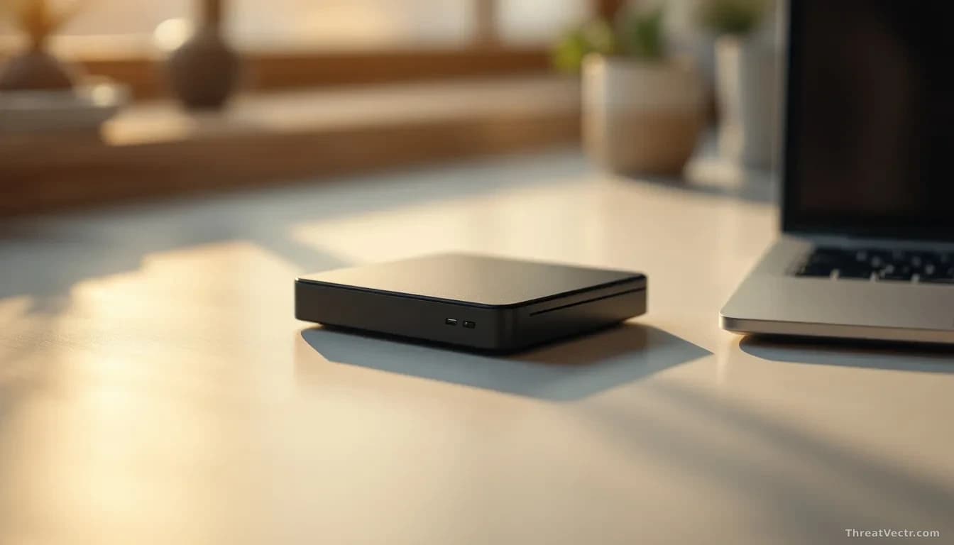 Full-frame photoreal editorial shot of a modern external hard drive and a laptop on a clean desk, soft daylight from a window, warm neutral tones, shallow depth