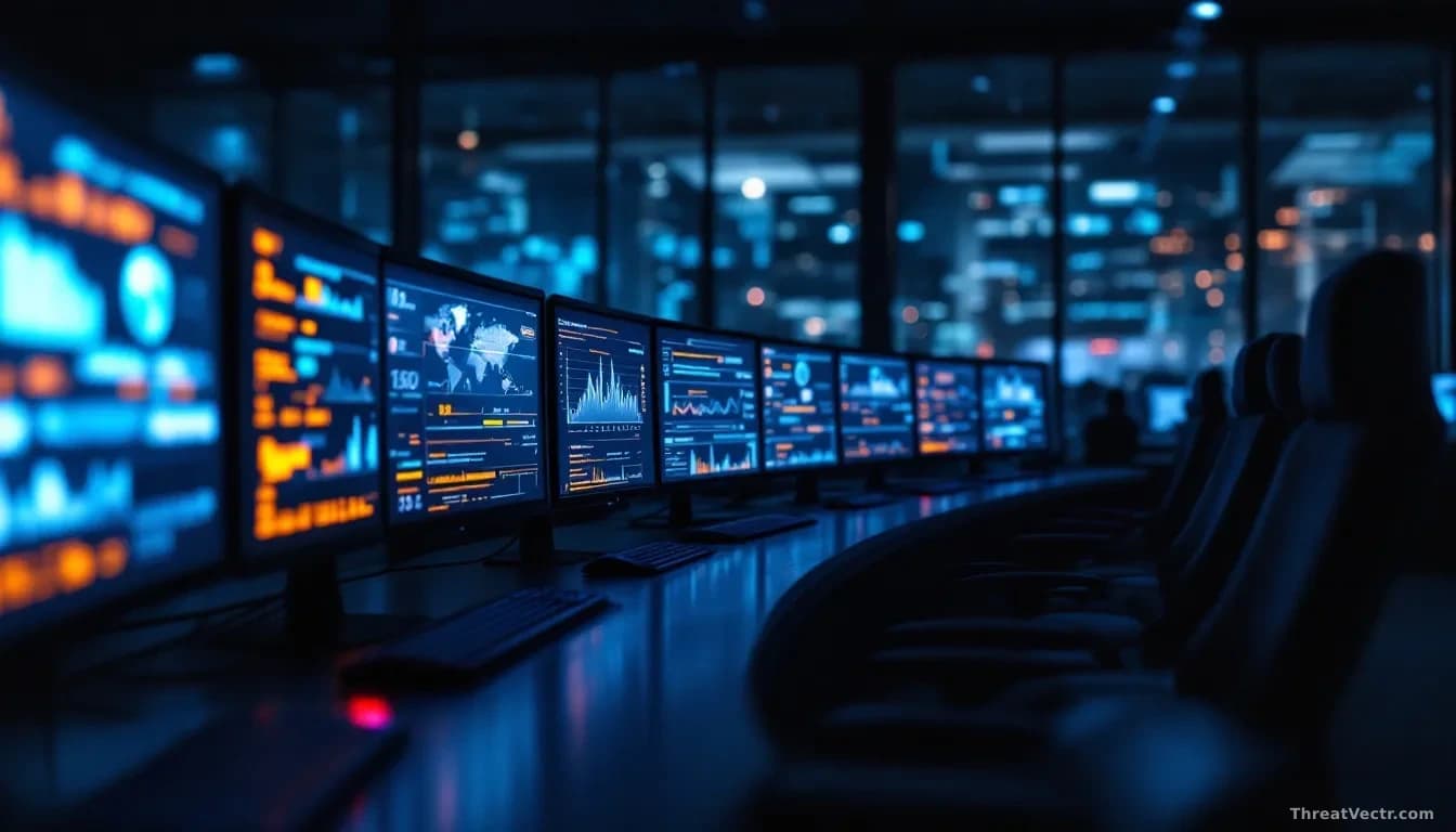 Full-frame photoreal news-editorial image of a dimly lit security operations centre at night, rows of large curved monitors glowing blue and amber with abstract
