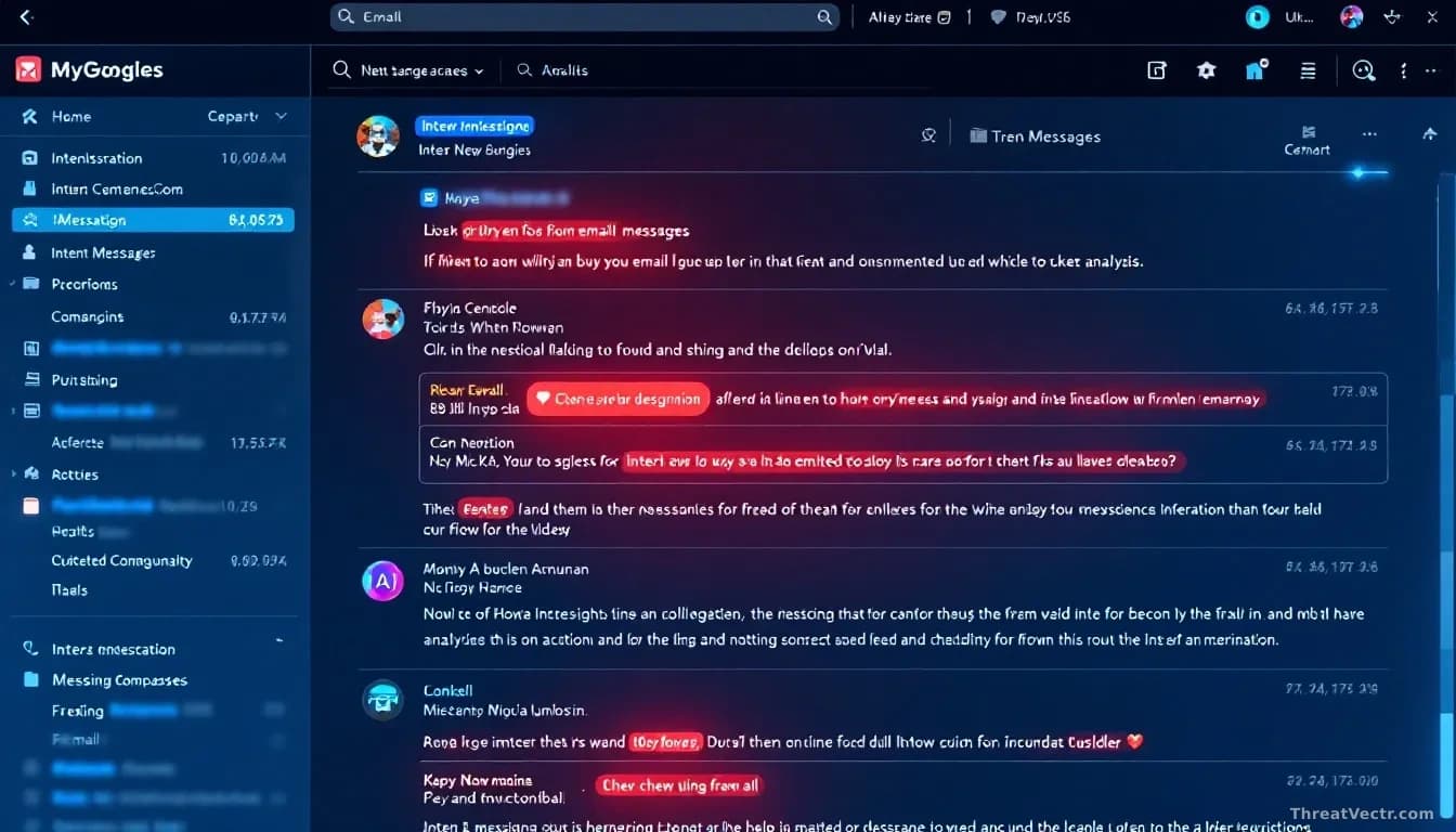 An email inbox interface with suspicious messages highlighted and analyzed, with visual indicators showing intent analysis and threat assessment overlays on mes